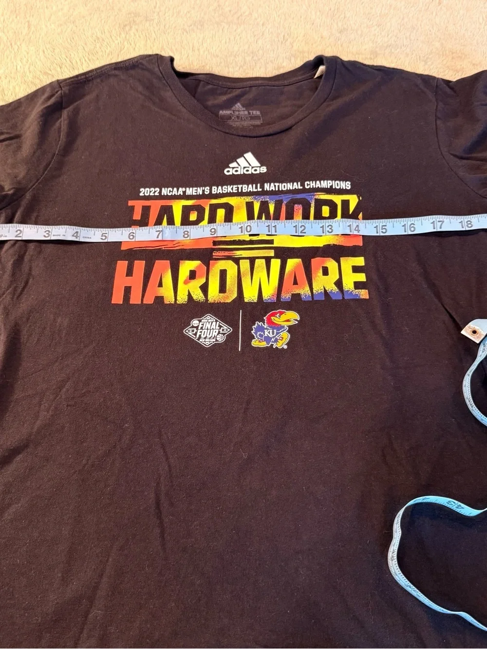 Adidas Kansas Jayhawks 2022 NCAA Champions Hard Work Hardware Shirt XL